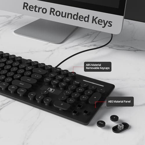 Wired Quiet Membrane Keyboard,Full Size 104-Keys Retro Punk Typewriter Blue LED Backlit ，USB Ultra Slim Gaming Keyboard with ABS Round keycaps for Windows/PC/Laptop (Black)