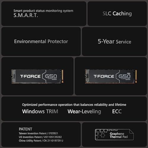 TEAMGROUP T-Force G50 1TB SLC Caching 3D TLC NAND NVMe InnoGrit PCIe Gen4x4 M.2 2280 Gaming SSD with Ultra-Thin Graphene Heat Spreader Works with PS5 Read/Write 5000/4800 MB/s TM8FFE001T0C129