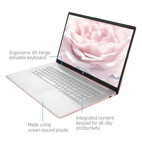 HP Premium 17.3" Laptop, 17.3" HD+ Touchscreen, Intel Core i7-1355U, 64GB RAM, 2TB SSD, Webcam, HDMI, Backlit KB, FP Reader, Wi-Fi 6, Win 11 H, Pale Rose Gold, ADATA 512 External SSD Bundle