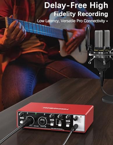 HOSONGIN 2i2 USB Audio Interface for Beginners - 24Bit/192kHz, 48V Phantom Power, Plug & Play Recording for Podcast/Vocals/Guitar/Youtube, PC/Mac/iOS Compatible (Red Metal)