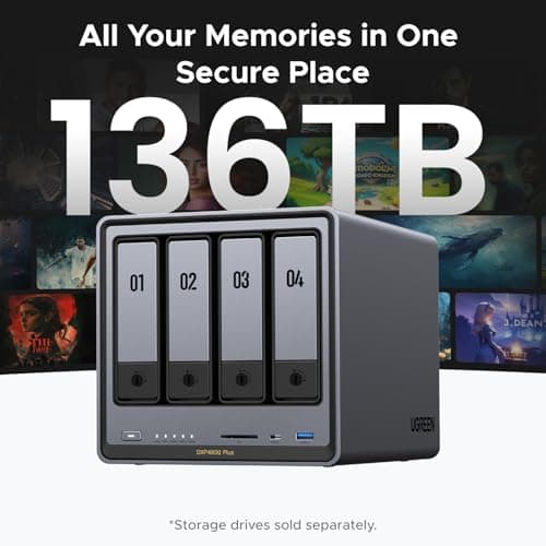 UGREEN NASync DXP4800 Plus 4-Bay Desktop NAS, Intel Pentium Gold 8505 5-Core CPU, 8GB DDR5 RAM, 128G SSD, 1 * 10GbE, 1 * 2.5GbE, 2 * M.2 NVMe Slots, 4K HDMI, Network Attached Storage (Diskless)