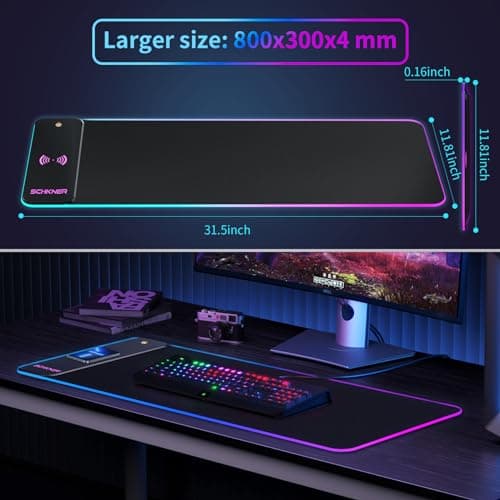 RGB Gaming Mouse Pad with Wireless Charging 15W, Large Desk Mat 800x300x4mm, 10 Light Modes Keyboard Pad with Non-Slip Rubber Base, Waterproof Mousepad for Gaming PC MacBook Laptop