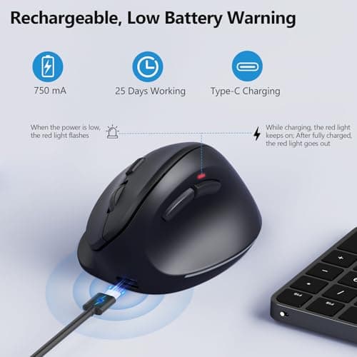 AUTLEY Ergonomic Mouse for Large Hands, Rechargeable Vertical Mouse, 2.4GHz Wireless Computer Mouse for Windows/macOS - 6 Buttons, Low Power Warning, 800/1200/1600 DPI, Black