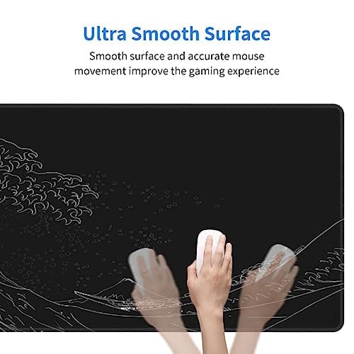 Japanese Gaming Mouse Pad Black Mouse Pad Kanagawa Large Mousepad Non-Slip Rubber Base Waterproof with Stitched Edges for Gaming Office Home, 31.5x11.8 Inch (Black Wave)