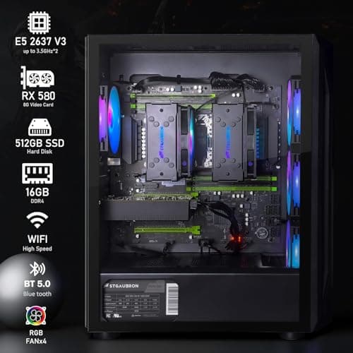 STGAubron Dual CPU Gaming PC, Dual Intel i7 Xeon E5 up to 3.7GHz, Radeon RX 580 8G, 16G DDR4, 512G SSD, 600M WiFi, BT 5.0, RGB Fan x 4, Windows 10 Pro