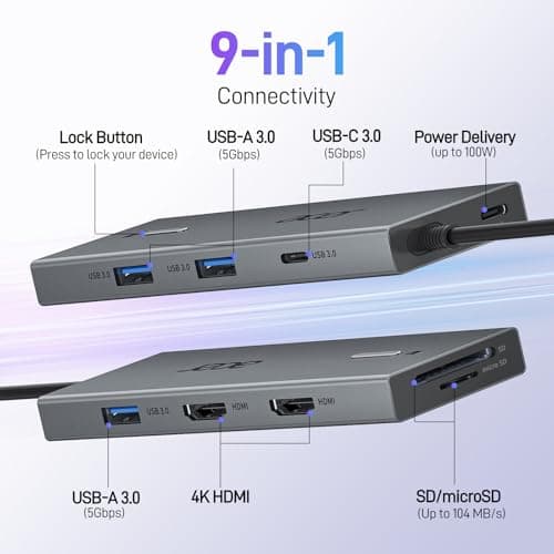 Acer USB C Docking Station Dual HDMI Monitor, Laptop Multiport Adapter with 4K HDMI, USB A&C 3.0 Ports, SD/Micro SD, 100W PD Charging, USBC Dock Compatible with Mac/Acer/Dell XPS/HP/Surface etc