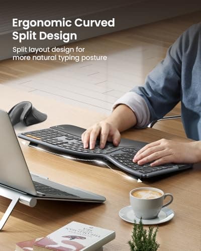 ProtoArc Backlit Bluetooth Ergonomic Keyboard, EK01 Plus Full Size Wireless Split Keyboard with Dual Bluetooth and USB, Cushioned Wrist Rest, Rechargeable, Compatible with Windows/Mac/Android, Grey