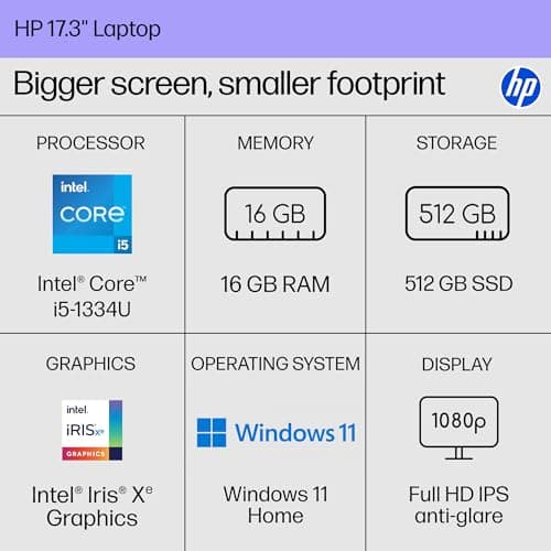 HP 17.3 inch Laptop, FHD Display, Intel Core i5-1334U, 16 GB RAM, 512 GB SSD, Intel Iris Xe Graphics, Windows 11 Home, Natural Silver, 17-cn3399nr
