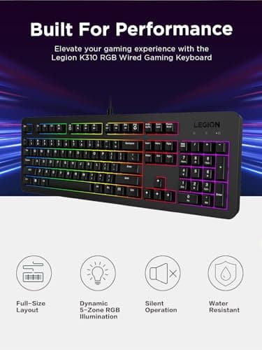 Lenovo Legion K310 RGB Wired Gaming Keyboard - Ultra-Fast Reaction Time with Tactile Keys, Quiet Key Membrane Switches, Silent Operation, RGB Illumination - Water Resistant & Compact Design