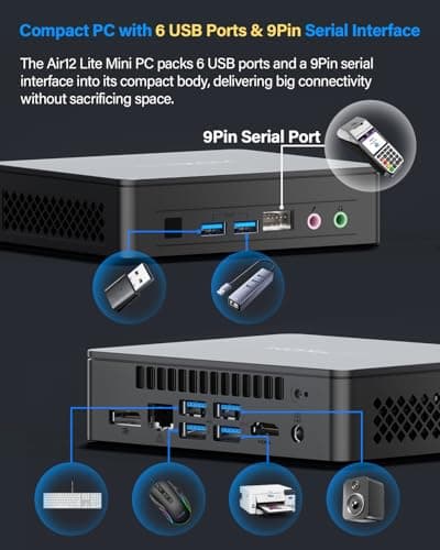GEEKOM Air12 Lite Mini PC (3-Year Warranty), Intel 12th Gen Twin Lake N150 (Better Than N100), 16GB RAM 512GB SSD, 4K Dual Display, 6 USB Ports + 9PIN Serial, Mini Desktop Computer for Home&Office