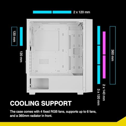 GAMDIAS White ATX Mid Tower Gaming Computer PC Case with Side Tempered Glass, Preinstalled 4X 120mm ARGB Fans, Support Up to 6X 120mm Fans, 360mm AIO/Radiator, 340mm GPU/VGA, 160mm CPU Air Cooler