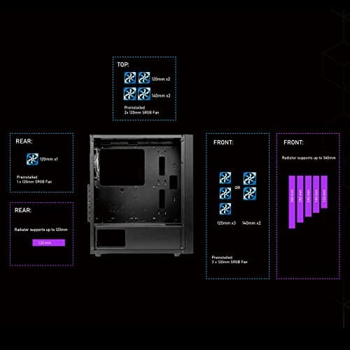Raidmax X921 Mesh Airflow and Tempered Glass Gaming PC Case with Fans, Pre-Installed 6 Static RGB Color Fans, ATX Mid Tower PC Case, Black, Support ATX, Micro ATX, Water Colling