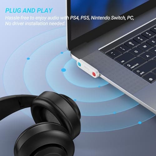 PS5 Bluetooth Audio Adapter, DRILI Low Latency Bluetooth Audio Transmitter, USB C Headphone Adapter with aptX Low Latency Support for PS4/PS5/Switch/PC, and Included USB C to USB Adpater