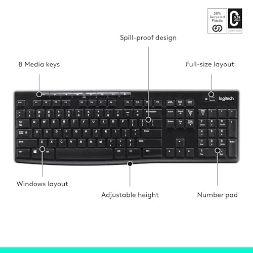 Logitech K270 Wireless Keyboard for Windows, 2.4 GHz Wireless, Full-Size, Number Pad, 8 Multimedia Keys, 2-Year Battery Life, Compatible with PC, Laptop, Black