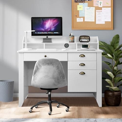 Catrimown Computer Desk with Drawers and Hutch, 47 Inch Home Office Desk with File Drawers, Student Girls Desks, Teens Writing Table with Hutch, Small Desk with Drawer for Bedroom, White