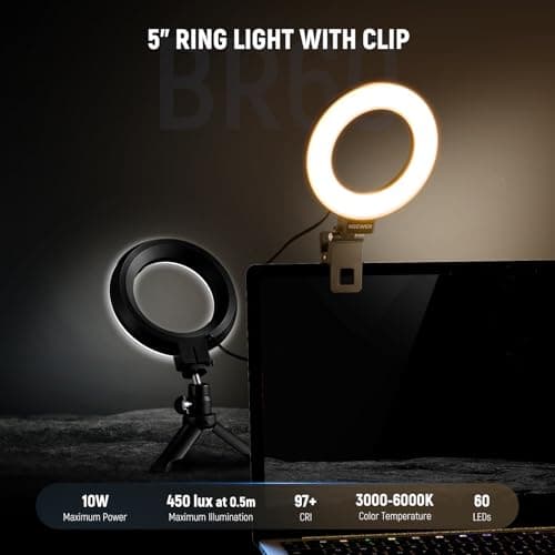 NEEWER Basic 5" Ring Light for Video Conference Lighting, Clip on Light Kit with Desk Tripod Stand for Monitor Laptop Computer Zoom Call Live Streaming Remote Working Learning Video Recording, BR60