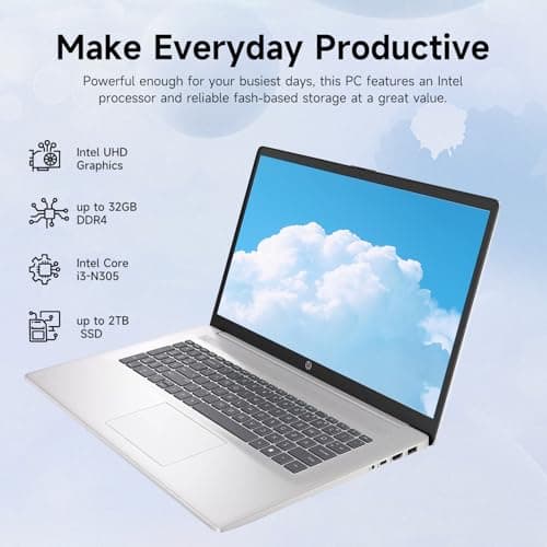 HP High-Performance 17.3" Laptop, 17.3" HD+ Touchscreen, 8-Cores Intel i3-N305, 32GB RAM, 128GB eMMC + 1TB PCIe SSD, Webcam, HDMI, Numeric Keypad, Wi-Fi 6, Windows 11 Pro, Silver
