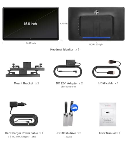 15.6 inch 4K Android Car TV Headrest Monitor for Cars Back seat Rear Entertainment System, Support Wireless Phone Link Touch Screen,with WiFi/Bluetooth/HDMI/USB/Video Player 4G+64G (2*PCs)