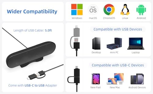 Computer Speakers for Desktop PC Monitor, External Speakers for Laptop, USB-Powered, Plug-n-Play, Wired, Clip-On, Small Computer Soundbar for PC, with Loud Sound, Rich Bass, G-Sensor, USB-C Adapter