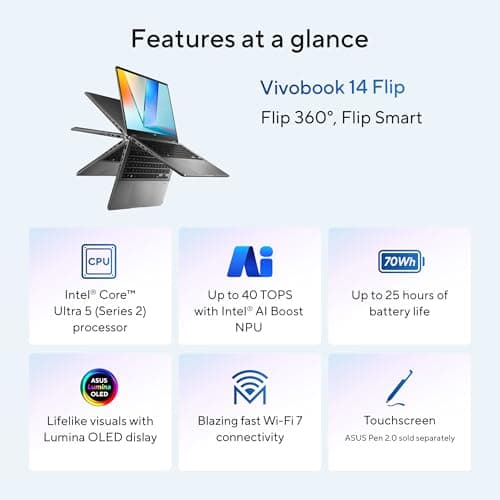 ASUS Vivobook 14 Flip Laptop Copilot+ PC, 14” OLED WUXGA 60Hz Touch Display, Intel® Core™ Ultra 5 226V, Intel® Arc™ Graphics, 16GB Memory, 512GB Storage, Windows 11, Matte Gray, TP3407SA-ES54T