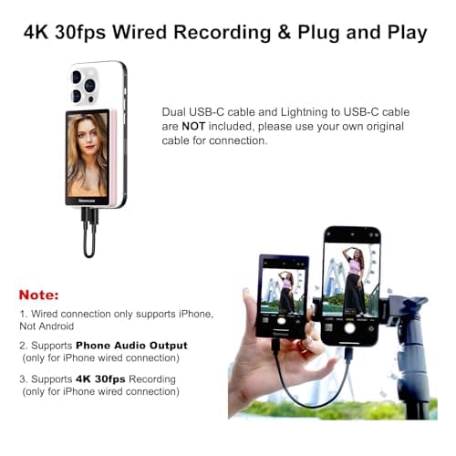 Newmowa Pink Magnetic Phone Vlog Selfie Monitor Screen, 1080P Wireless Recording, Using Phone Rear Camera for Selfie Vlog Live Stream TikTok, Compatible with iPhone(Support 4K 30fps Wired Recording)