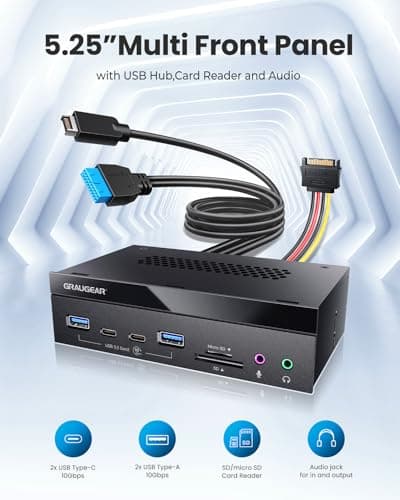 GRAUGEAR 5.25 Inch 10Gbps USB 3.2 PC Front Panel Card Reader with Audio Ports, SD/microSD Internal Card Reader, USB3.2 Type-E Key-A 20-Pin Header & USB3.0 Header & 15-Pin SATA Power Connector Required