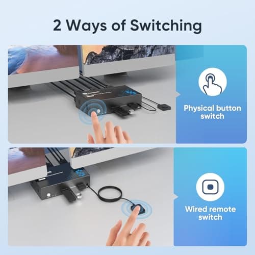 8K@60Hz KVM Switch 2 Monitors 2 Computers DisplayPort, USB3.0 KVM Switches, 4K@120Hz Dual Monitor for 1 Set of Keyboard Mouse Printer and U Disk with EDID Adaptive 2 USB Cables