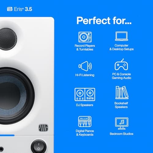 PreSonus Eris 3.5 Studio Monitors (White), Pair — 3.5" Inch Powered Bookshelf Speakers, Stereo, Desktop Computer, Near Field Music Production, Audio Mixing Recording