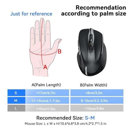 TECKNET Rechargeable Jiggler Wireless Mouse (BT5.0/3.0 & 2.4G) 4800 DPI Silent USB A & Bluetooth Mouse 6 Buttons, Wide Compatibility - Black