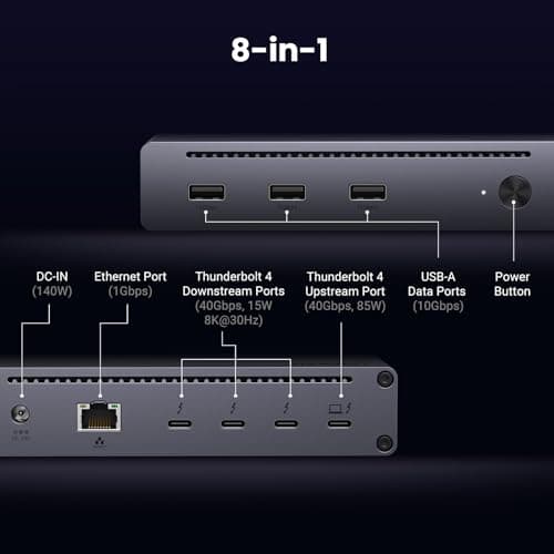 UGREEN Revodok Max 208 8-in-1 Thunderbolt 4 Dock - 40Gbps Hub, 3 x Thunderbolt 4, Dual 4K@60Hz or Single 8K Display, 85W Charging, Gigabit Ethernet, 3 x USB A 3.2 for Mac M1/M2/M3/M4 Pro/Max