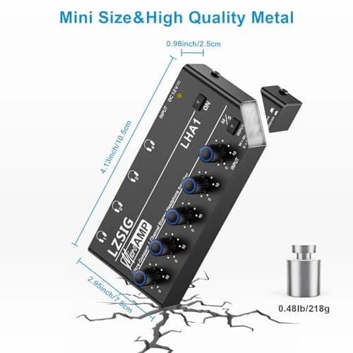 LZSIG Headphone Amplifier 4 Channel Metal Stereo Audio Amplifier, Mini Earphone Splitter with Power Adapter, 1/4" & 1/8" TRS Headphones Output and TRS Audio Input, DC 12V