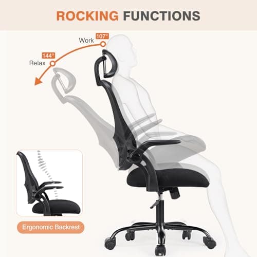 Sweetcrispy Office Computer Desk Chair, Ergonomic High-Back Mesh Rolling Work Chairs with Wheels and Adjustable Headrests, Comfortable Lumbar Support, Comfy Flip-up Arms for Home,Bedroom,Study, Black