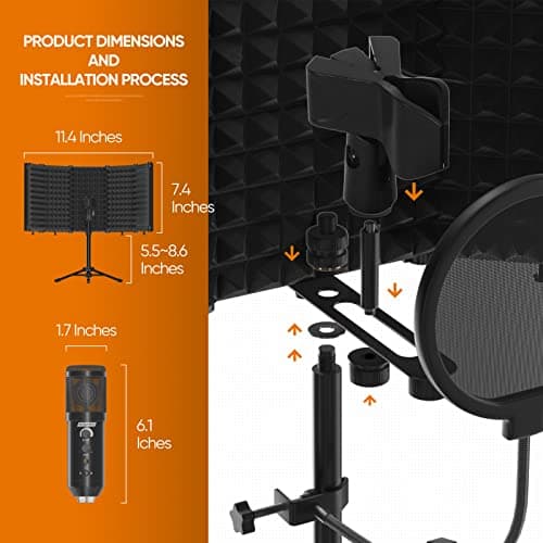 Studio Recording Microphone Isolation Shield with Pop Filter and Metal Tripod Stand, Studio Mic to PC Laptop Smartphone, Music Microphone for Recording Singing Podcasting