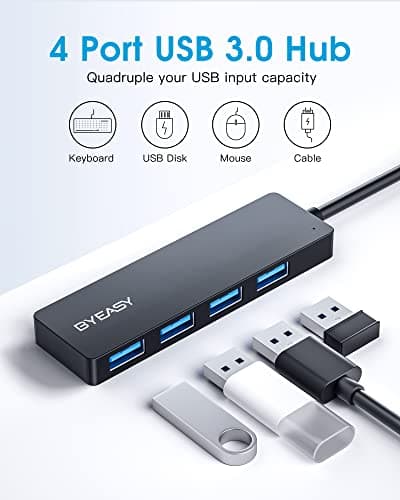 BYEASY USB Hub, Multiple USB 3.0 Hub, USBA Splitter for Laptop with Type C Power Port, Extender for Mouse, Keyboard, Flash Drive, U Disk, Printer Compatible with A Port Laptop, PC, Desktop and More