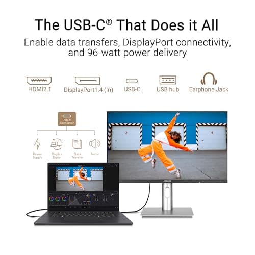 ASUS ProArt Display 27” 5K HDR Professional Monitor (PA27JCV) - 5K (5120 x 2880), IPS, 99% DCI-P3, 100% sRGB, ΔE < 2, USB-C PD 96W, Calman Verified, Color Accurate, Auto KVM, LuxPixel, 3 yr Warranty