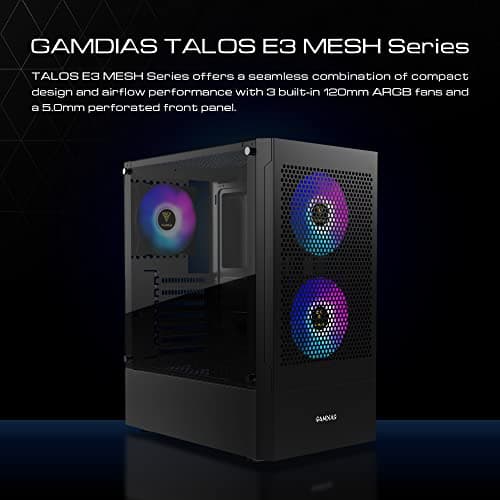 GAMDIAS Gaming ATX Mid Tower PC Computer Case with Tempered Glass, 3 Built-in 120mm ARGB Desktop Case Fans, Support Up to 360mm AIO/Radiator, 5x 120mm Fans, 300mm GPU/VGA, 150mm PSU & 160mm CPU Cooler