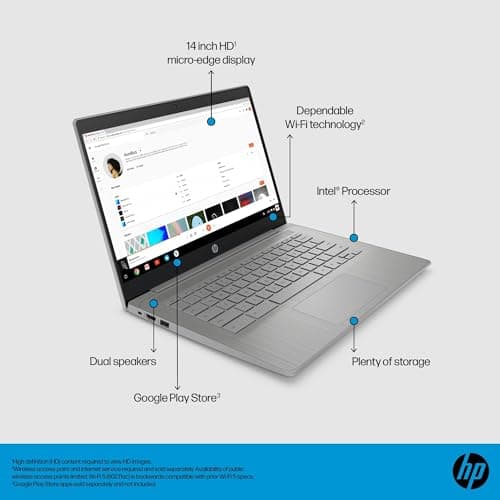 HP Chromebook 14 Laptop (14" HD, Intel 4-Core Celeron N4120, 4GB RAM, 192GB Storage, UHD Graphics 600) for Home & Student, Light Weight & 14-Hr Battery Life, Webcam, Wi-Fi, IST HUB, Chrome OS, Grey