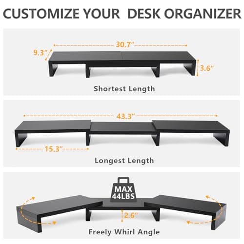 TAVR Dual Monitor Stand Riser Office Desktop Organizer Stand for 2 Monitors, Adjustable Length and Angle 3 Shelf, Extra Long Multifunctional Stand up to 43.3" fit Computer, Laptop, TV, Black