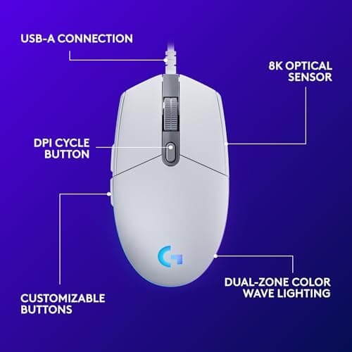 Logitech G203 Wired Gaming Mouse, 8,000 DPI, Rainbow Optical Effect LIGHTSYNC RGB, 6 Programmable Buttons, On-Board Memory, Screen Mapping, PC/Mac Computer and Laptop Compatible - White