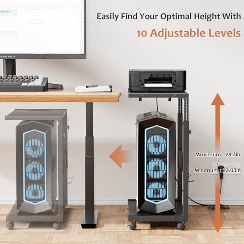 JANE EYRE Computer Tower Stand - Adjustable PC Tower Stand CPU Holder Cart with Charging Station for Office Home Classroom,23.03"-28.3" H, black