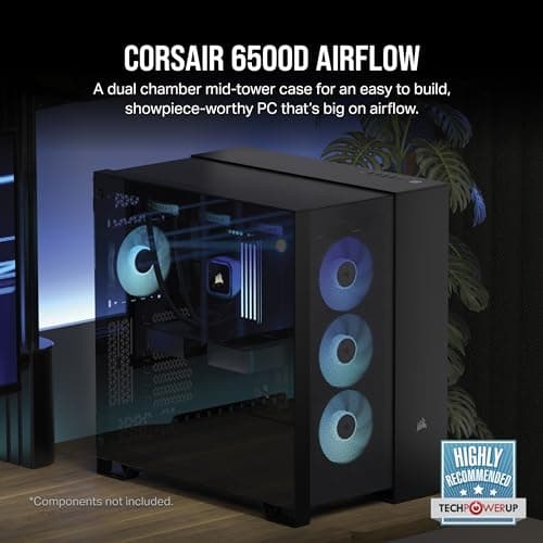 CORSAIR 6500D AIRFLOW Mid-Tower ATX Dual Chamber PC Case – Tempered Glass – Reverse Connection Motherboard Compatible – No Fans Included – Black