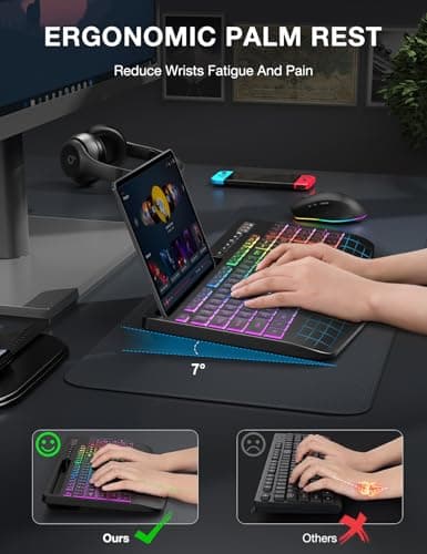 Wireless Keyboard and Mouse Combo, 9 Backlit Effects, Wrist Rest, Phone Holder, 2.4G Lag-Free Ergonomic Keyboards, Rechargeable Silent Cordless Set for Computer, Laptop, PC, Mac, Windows -SABLUTE