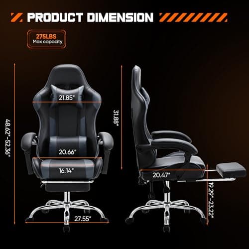 Sweetcrispy Video Game Desk Chair - Ergonomic Computer with Footrest and Comfy Lumbar Support, PU Leather Recliner with Headrest, Fixed Up Armrest, Height Adjustable with 360° Swivel, for Adults, Grey