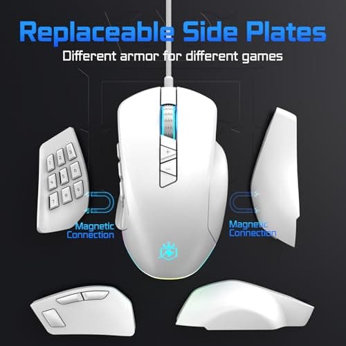 Wired Gaming Mouse with Side Plates, MMO Mouse with 14 Programmable Buttons, Ergonomic Gaming Mouse with 2 Grip Plates, Computer Mouse with Max 12,400 DPI, RGB Lighting, White