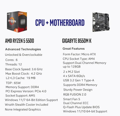 Micro Center AMD Ryzen 5 5500 Desktop Processor with GIGABYTE B550M K Motherboard (Micro-ATX, DDR4, Dual M.2, SATA 6Gb/s, PCIe 4.0)