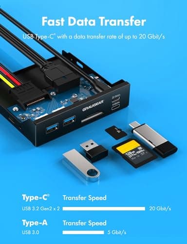 GRAUGEAR 3.5 Inch Front Panel USB C Hub, SD/microSD Internal Card Reader, 20Gbps USB 3.2 Gen 2x2, USB3.2 Type-E Key-A 20-Pin Header & USB3.0 Header & 15-Pin SATA Power Connector Required [G-MP01CR]