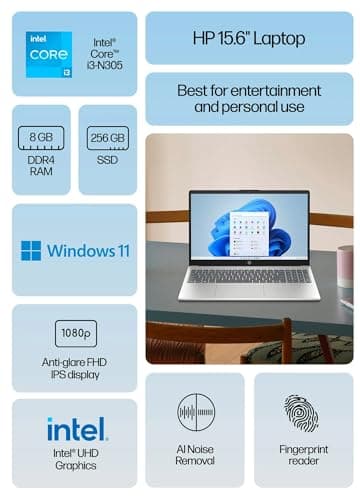 HP 15 Slim Laptop in Galactic Silver Intel 8-core i3-N305 up to 3.8GHz 8GB RAM 256GB SSD 15.6in Full HD Webcam WiFi HDMI W11 (15-FD - Renewed)