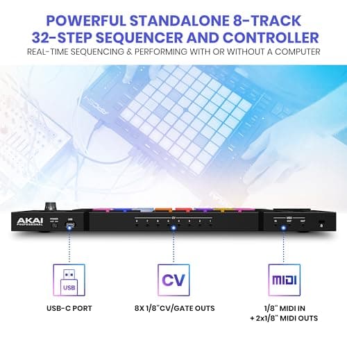 AKAI Professional APC64 Ableton MIDI Controller with 8 Touch Strips, Step Sequencer, 64 RGB Velocity-Sensitive Pads, CV Gates, MIDI In & Out, USB-C
