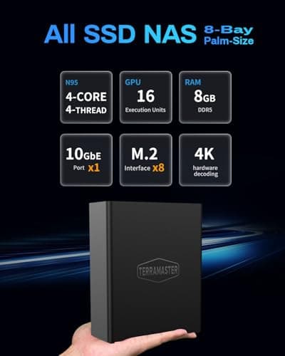 TERRAMASTER F8 SSD NAS Storage - 8Bay All SSD NAS Server N95 QuadCore CPU, 8GB DDR5 RAM, 10GbE Port, 8 Heat Sinks Included, Palm-Sized Powerful Network Attached Storage (Diskless)