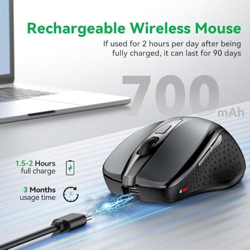Bluetooth Mouse (BT5.0/3.0 & 2.4G) Rechargeable Wireless Mouse, 4800 DPI Optical Tracking, 6 Adjustable DPI, 2.4GHz with USB A Receiver, Quiet Clicks, Ergonomic Grips, 6 Buttons - Grey